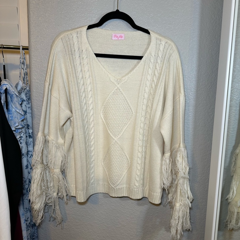Pink Lily Cream Fringe Sweater